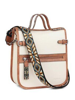 Faux Leather Structured Crossbody Handbag with Jacquard Strap for Women